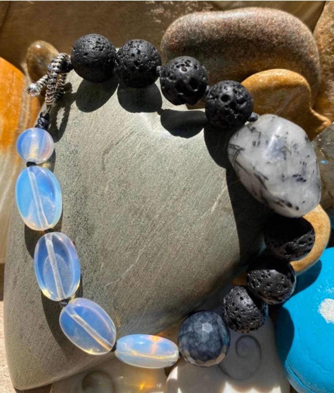 Tourmalated Quartz, Opalite, Faceted Agate & Lava Stone Diffuser Bracelet