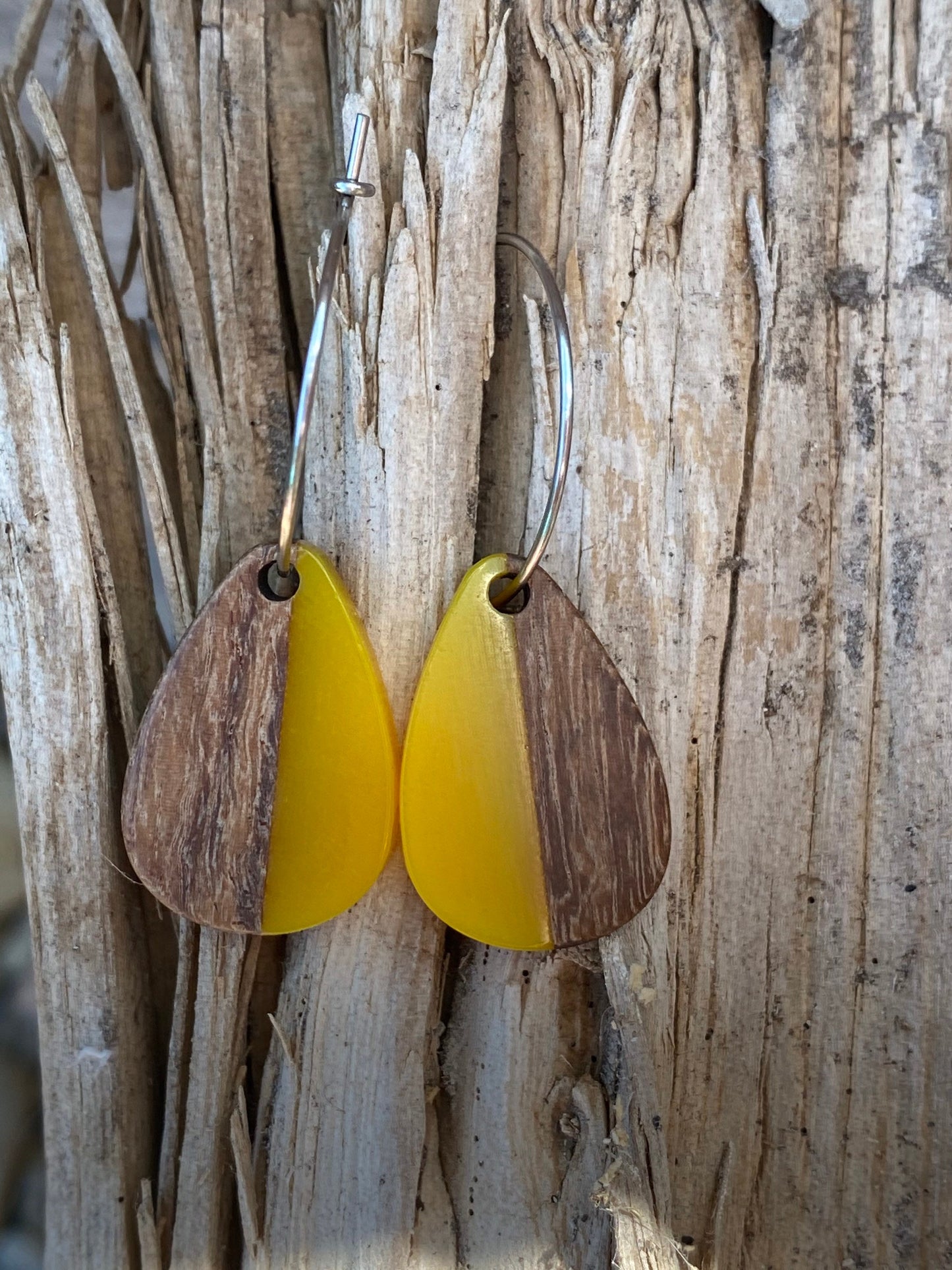 Yellow Resin & Wood Teardrop Dangle Stainless Steel Hoop Earrings