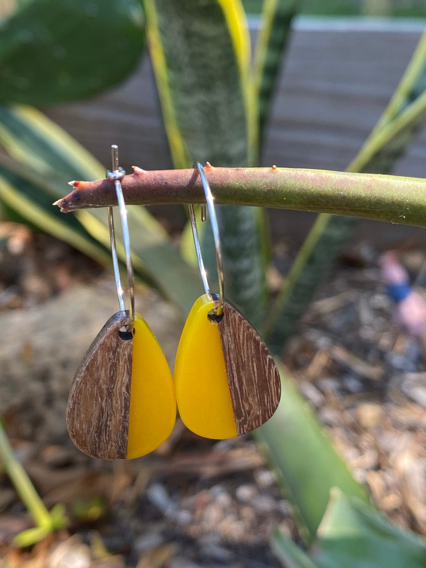 Yellow Resin & Wood Teardrop Dangle Stainless Steel Hoop Earrings