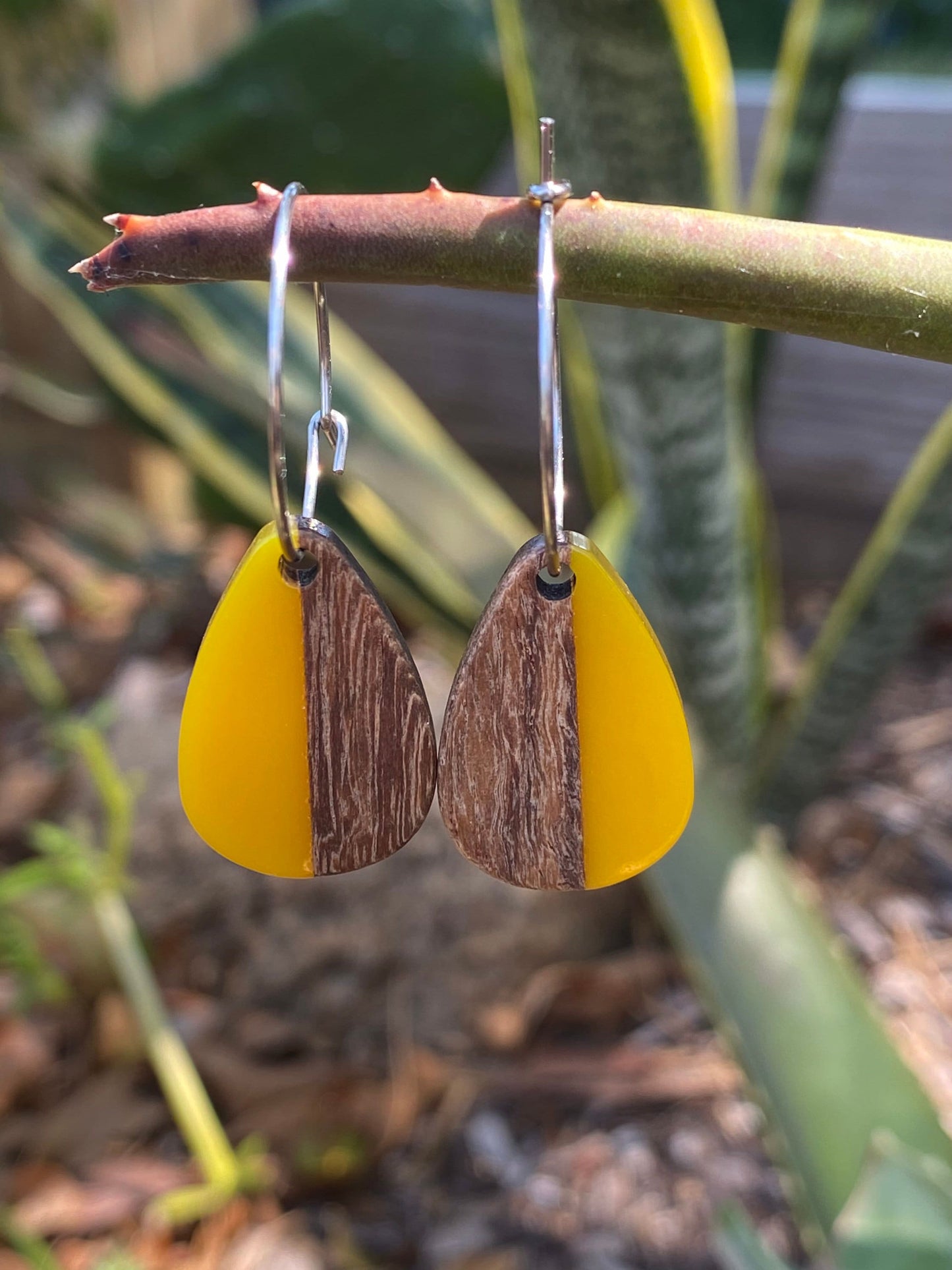 Yellow Resin & Wood Teardrop Dangle Stainless Steel Hoop Earrings