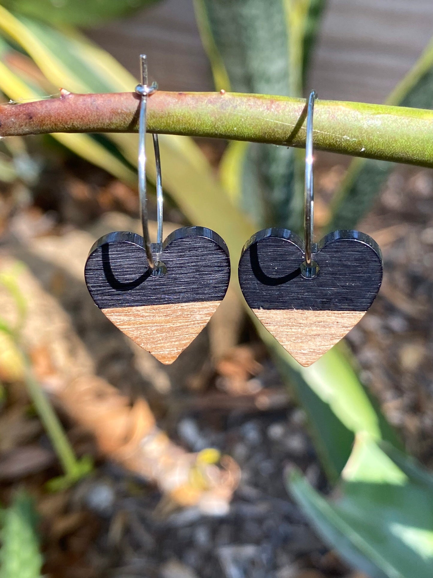 Black Resin & Wood Heart Dangle Stainless Steel Hoop Earrings