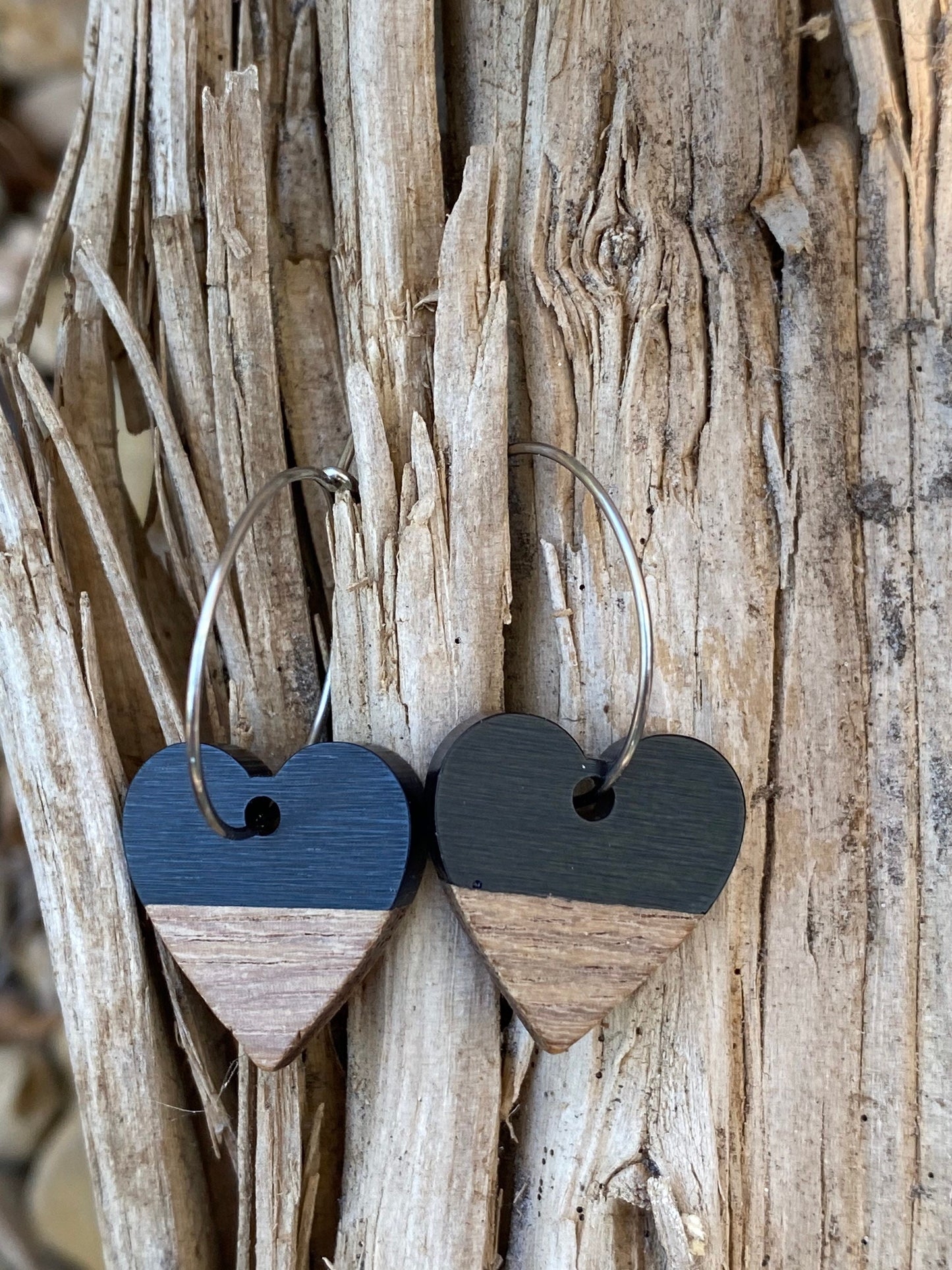 Black Resin & Wood Heart Dangle Stainless Steel Hoop Earrings