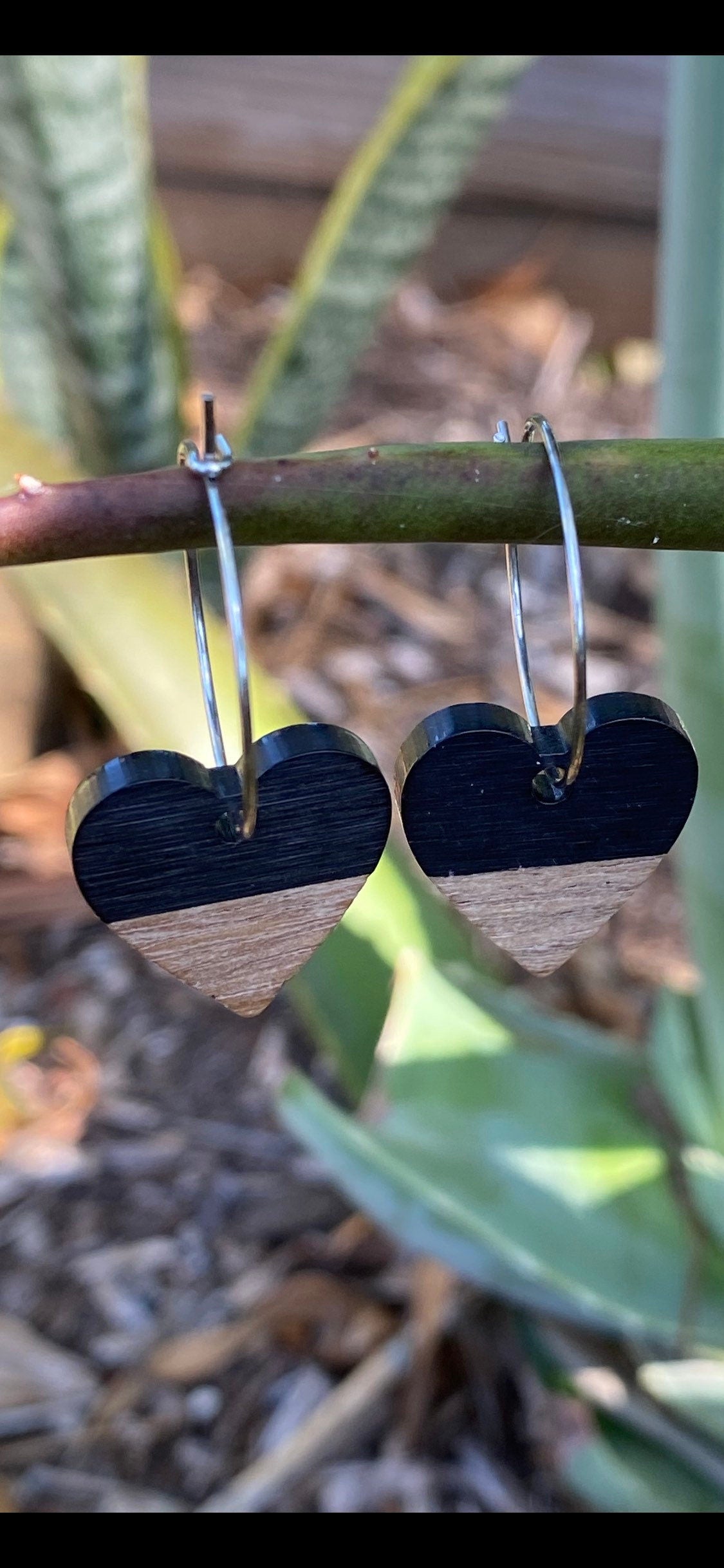 Black Resin & Wood Heart Dangle Stainless Steel Hoop Earrings