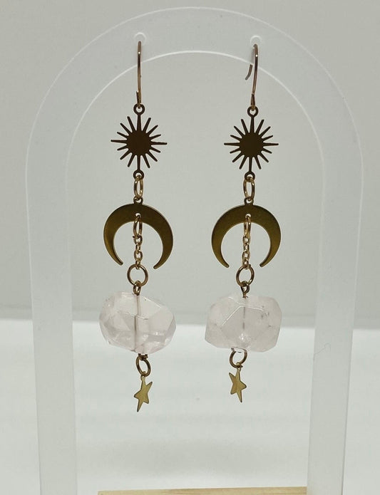 Celestial Natural Stone Earrings Rose Quartz Amazonite Amethyst Earring Moon Star