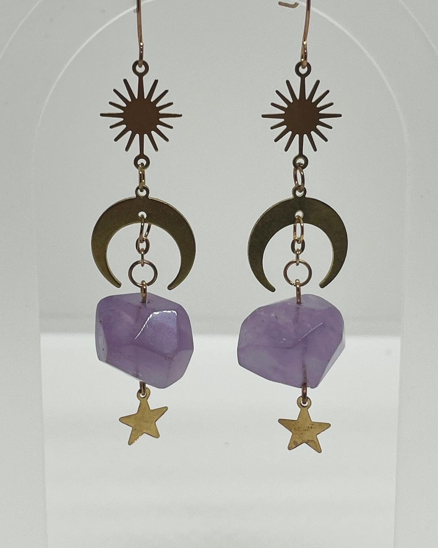 Celestial Natural Stone Earrings Rose Quartz Amazonite Amethyst Earring Moon Star