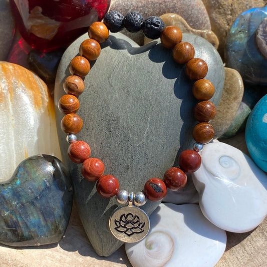 Red Jasper with Natural wood and Lava Stone Diffuser Bracelet