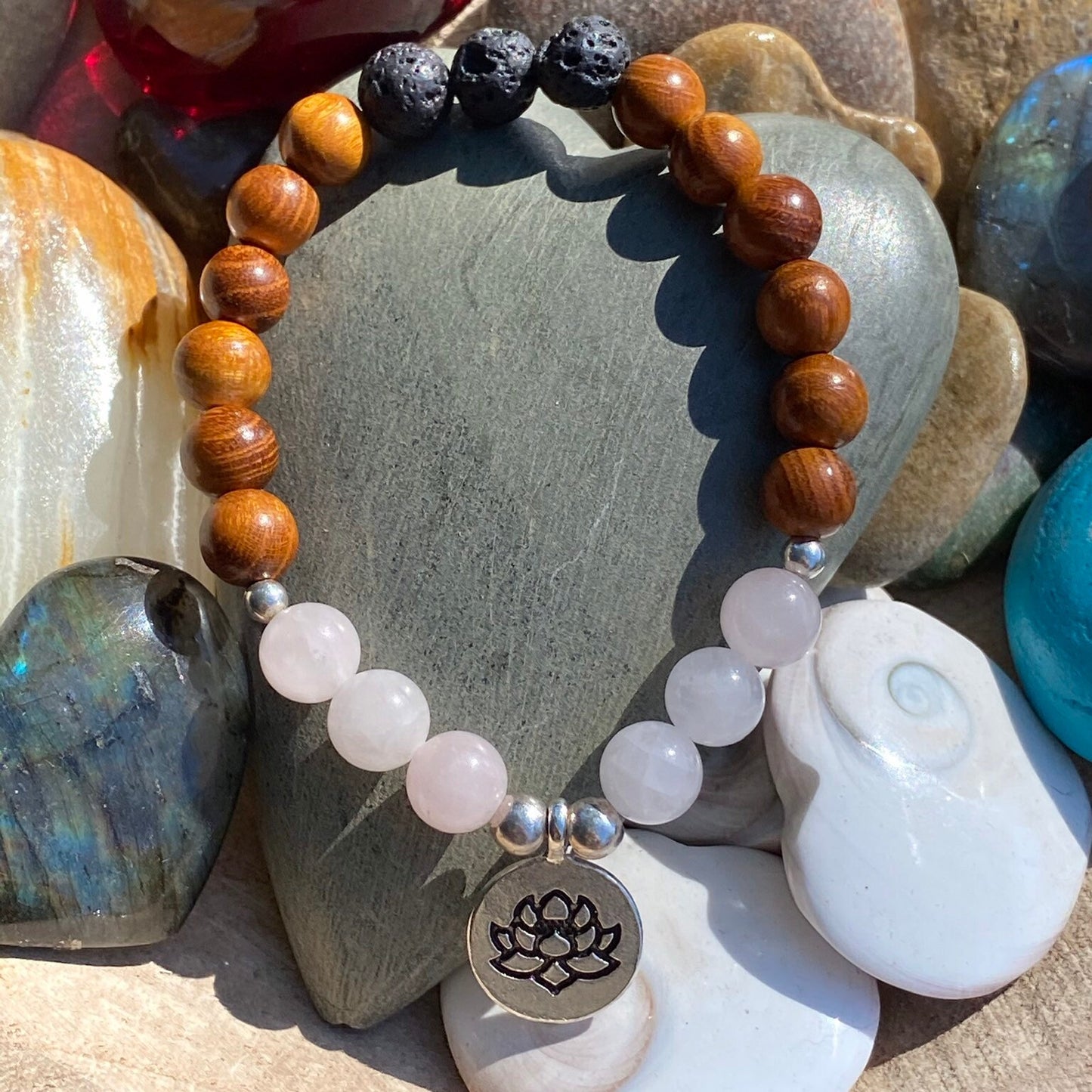 Rose Quartz with Natural wood and Lava Stone Diffuser Bracelet