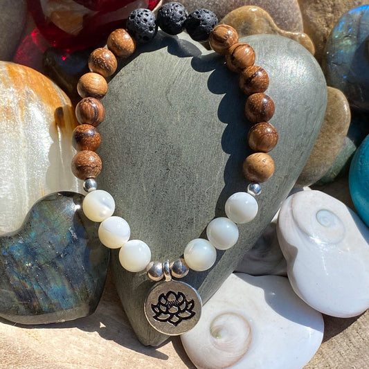 Mother of Pearl with Natural wood and Lava Stone Diffuser Bracelet