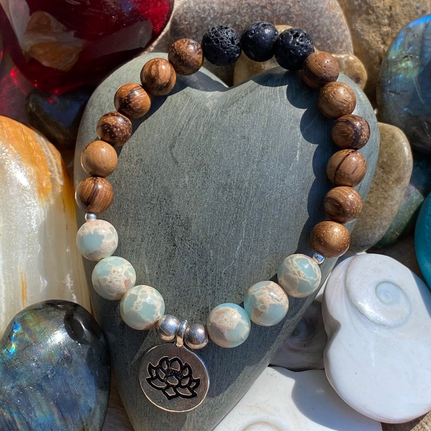 African Opal Jasper Bracelet | Mala Bracelet | Wood Braclet | Lotus Bracelet | Diffuser Bracelet | Yoga Jewelry | Meditation | Yoga | Opal |