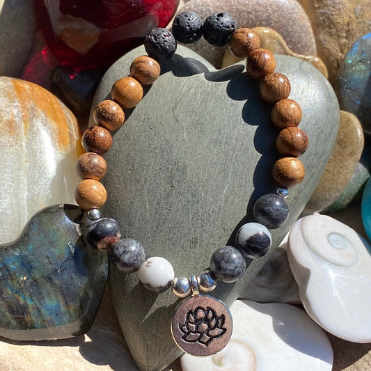 Natural Stone Bracelet Diffuser Bracelet Lotus Stretch Bracelet Agate Bracelet Women’s Bracelet Black & White Bracelet Mala Meditation Yoga