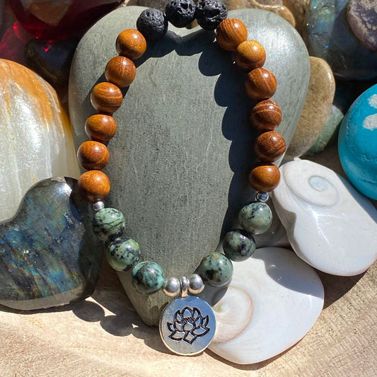 Chinese Turquoise Bracelet Diffuser Bracelet Lotus Stretch Bracelet Mala Bracelet Wood Bracelet Meditation Yoga Boho Hippie Natural OOAK