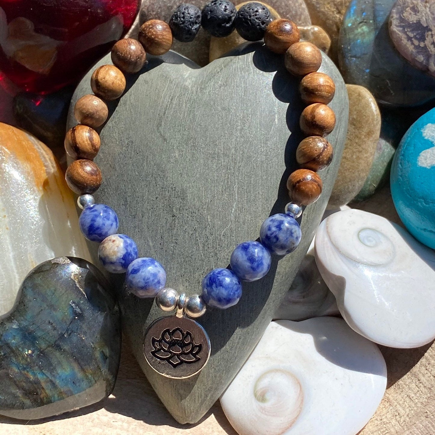 Sodalite with Natural wood and Lava Stone Diffuser Bracelet