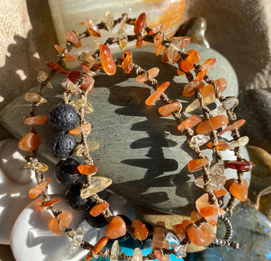 Citrine, Carnelian, Peach Aventurine & Lava Stone Triple Wrap Diffuser Bracelet/Necklace