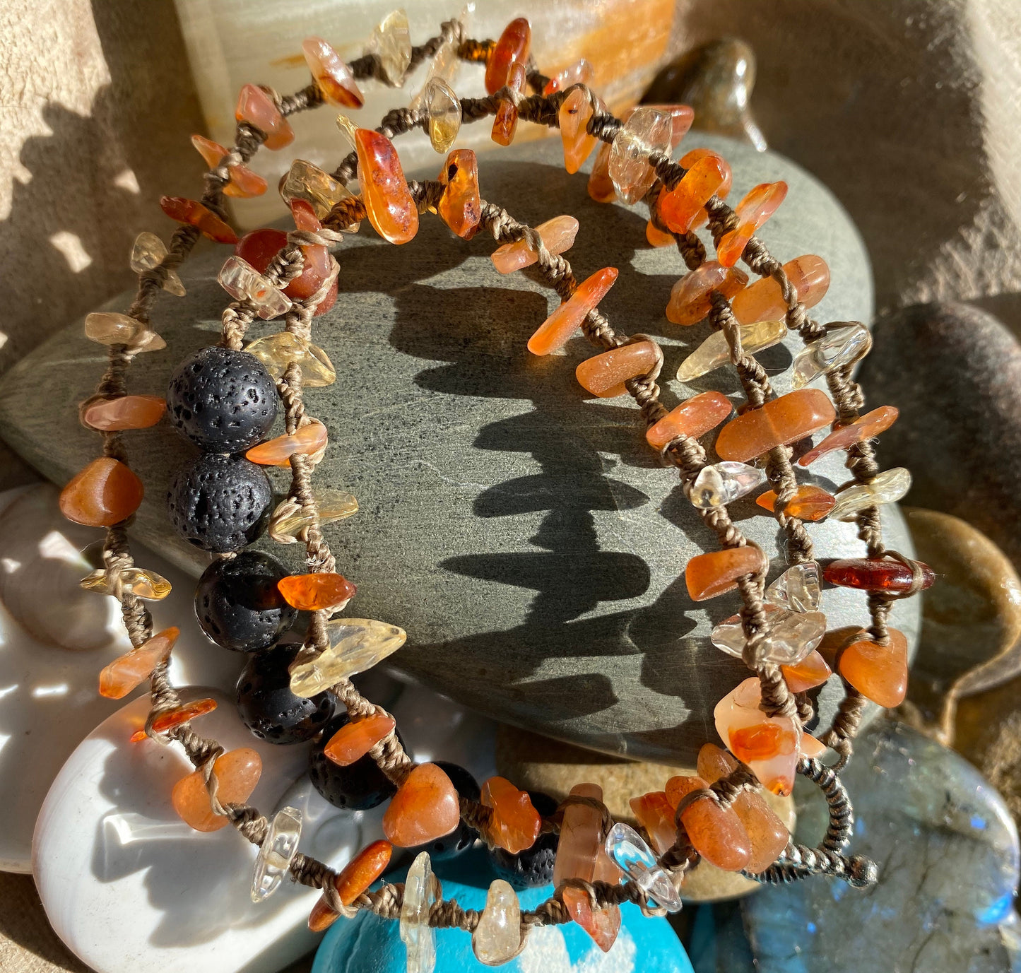 Citrine, Carnelian, Peach Aventurine & Lava Stone Triple Wrap Diffuser Bracelet/Necklace