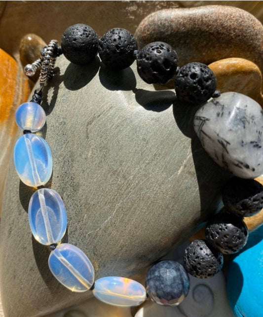 Tourmalated Quartz, Opalite, Faceted Agate & Lava Stone Diffuser Bracelet