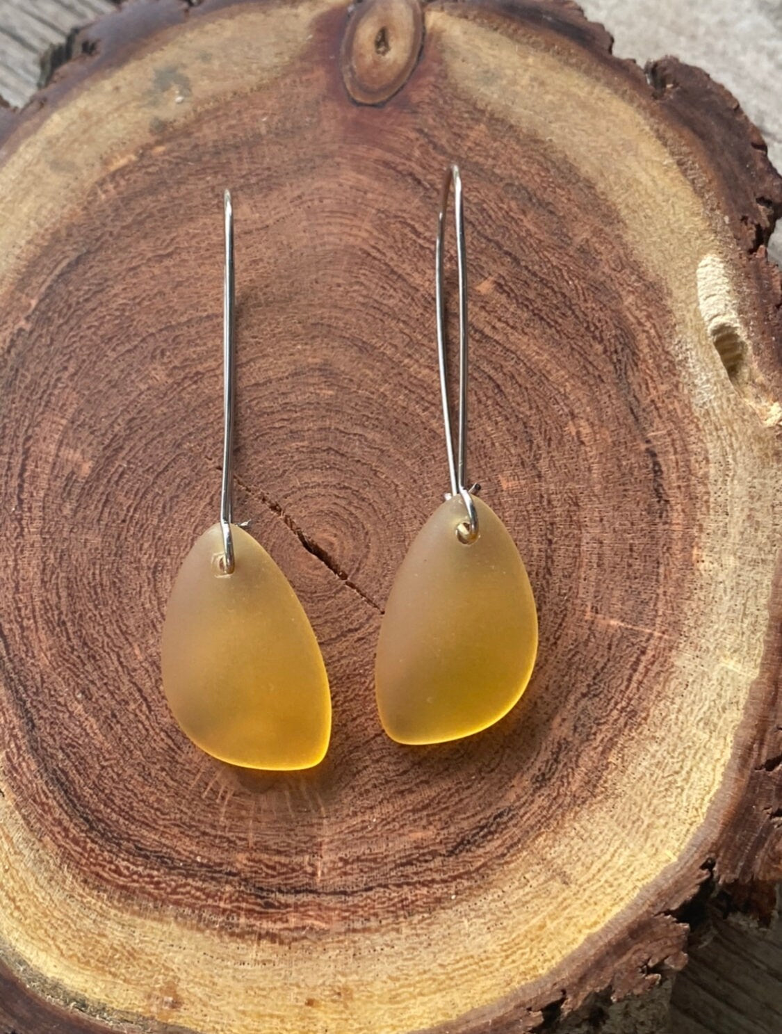 Canary Yellow Glass Pebble on Silver Kidney Wire Earring