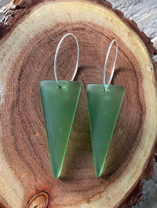 Green glass Triangle on Silver Kidney Wire Earring