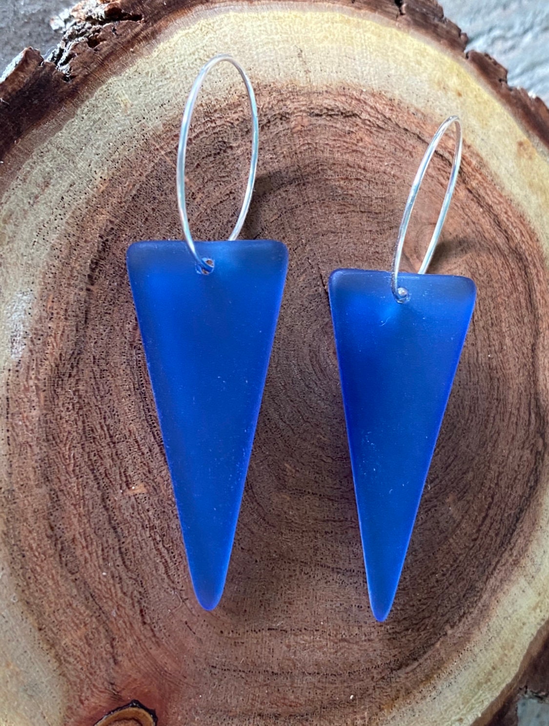 Bright Blue glass Triangle on Silver Kidney Wire Earring