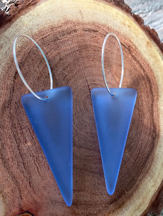 Cornflower Blue glass Triangle on Silver Kidney Wire Earring