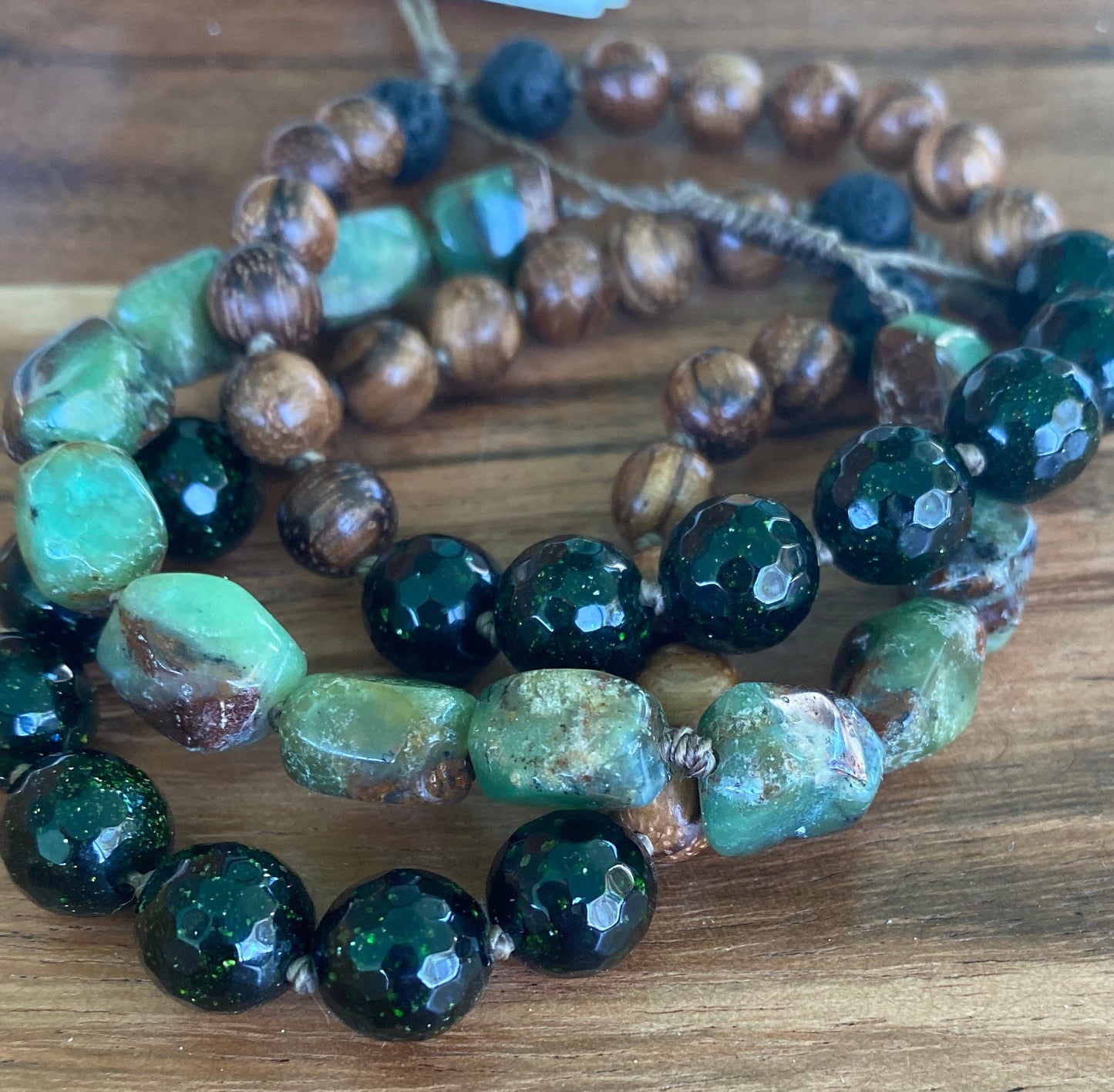 Green Goldstone Wood & Lava Diffuser Meditation Bracelet