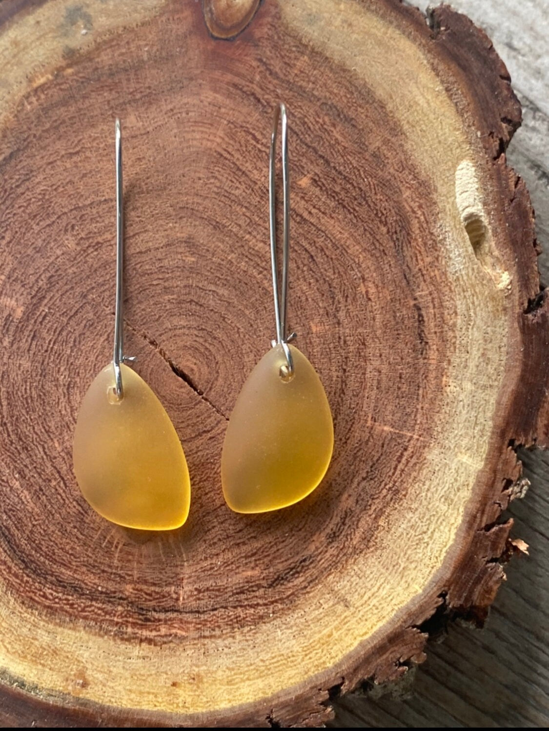 Canary Yellow Glass Pebble on Silver Kidney Wire Earring