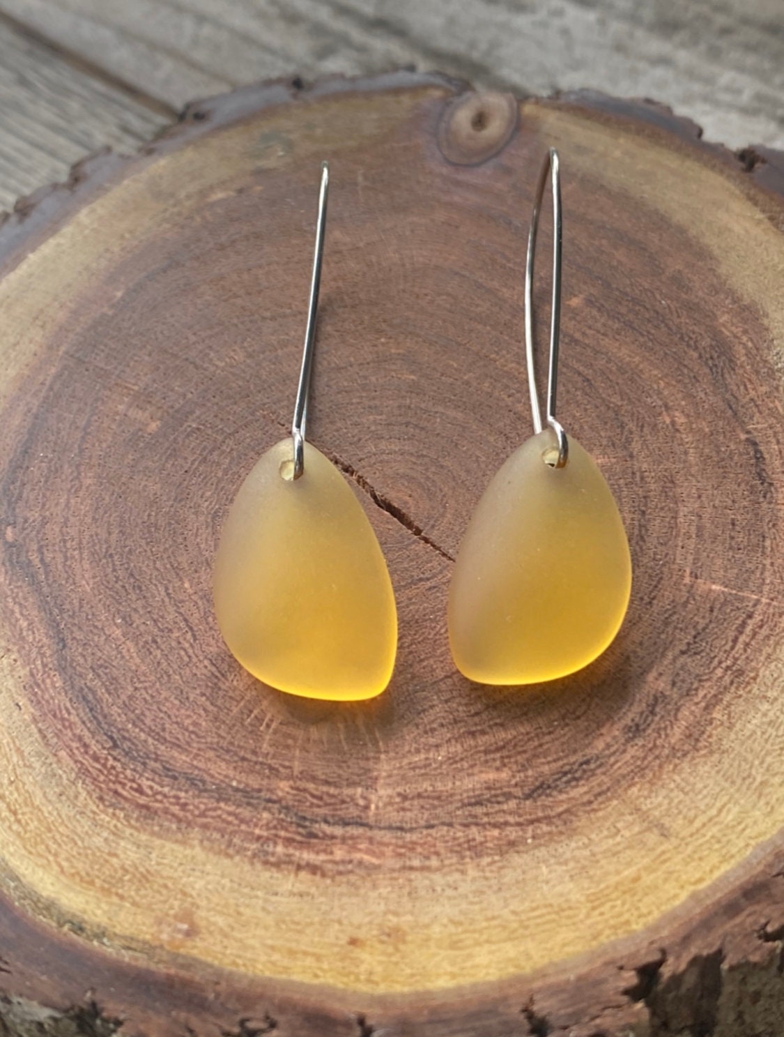 Canary Yellow Glass Pebble on Silver Kidney Wire Earring