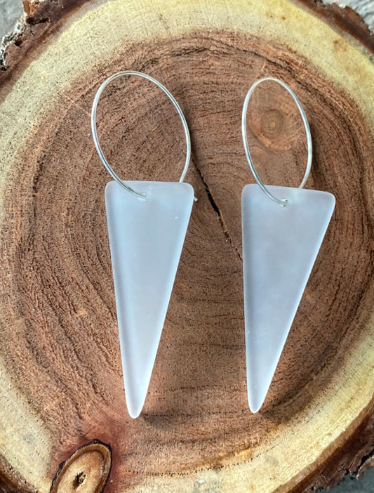 Frosted Clear Glass Triangle on Silver Kidney Wire Earring