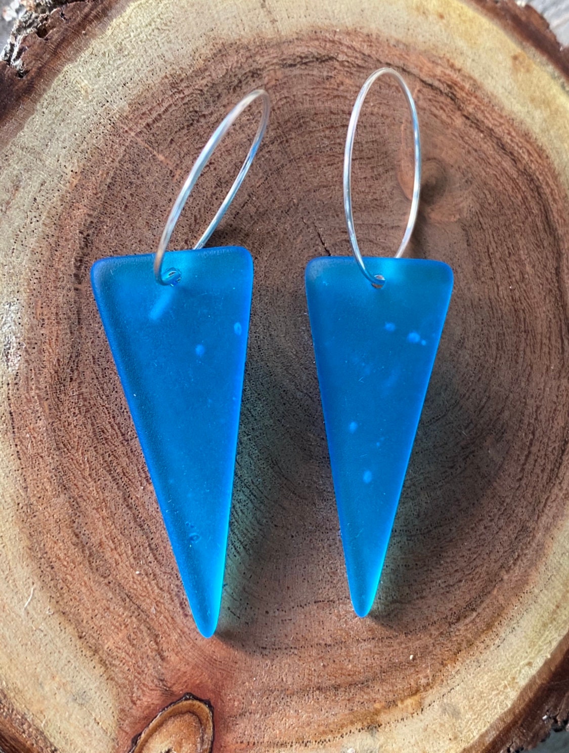 Blue glass Triangle on Silver Kidney Wire Earring