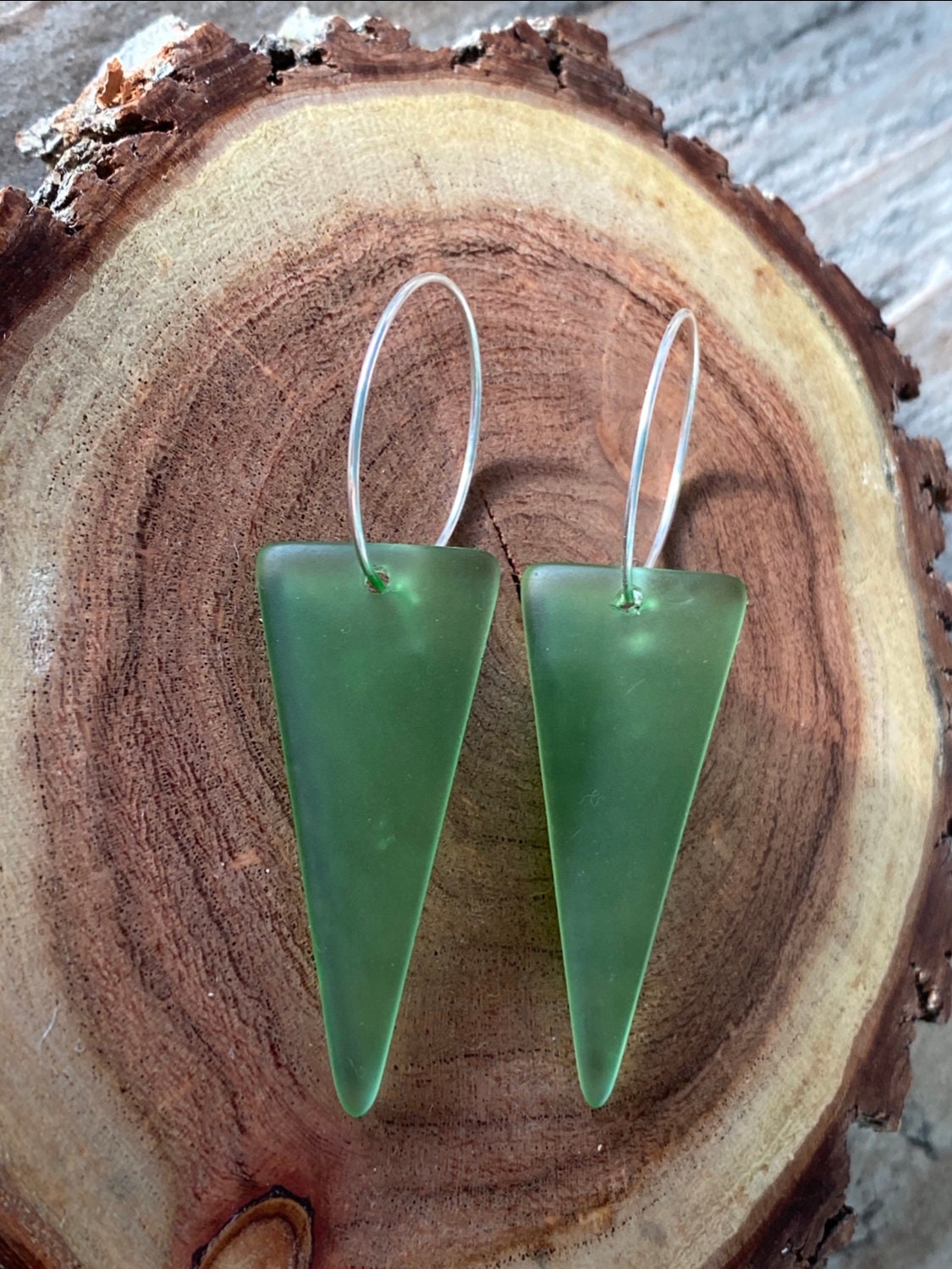 Green glass Triangle on Silver Kidney Wire Earring