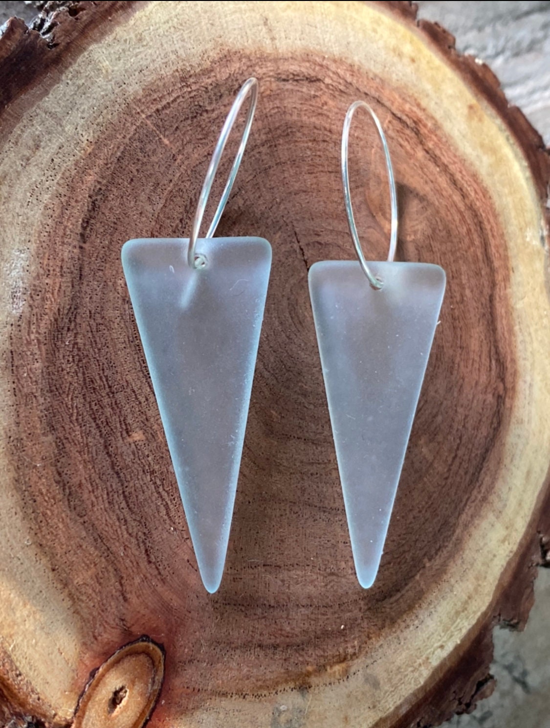 Light Sea Turquoise glass Triangle on Silver Kidney Wire Earring