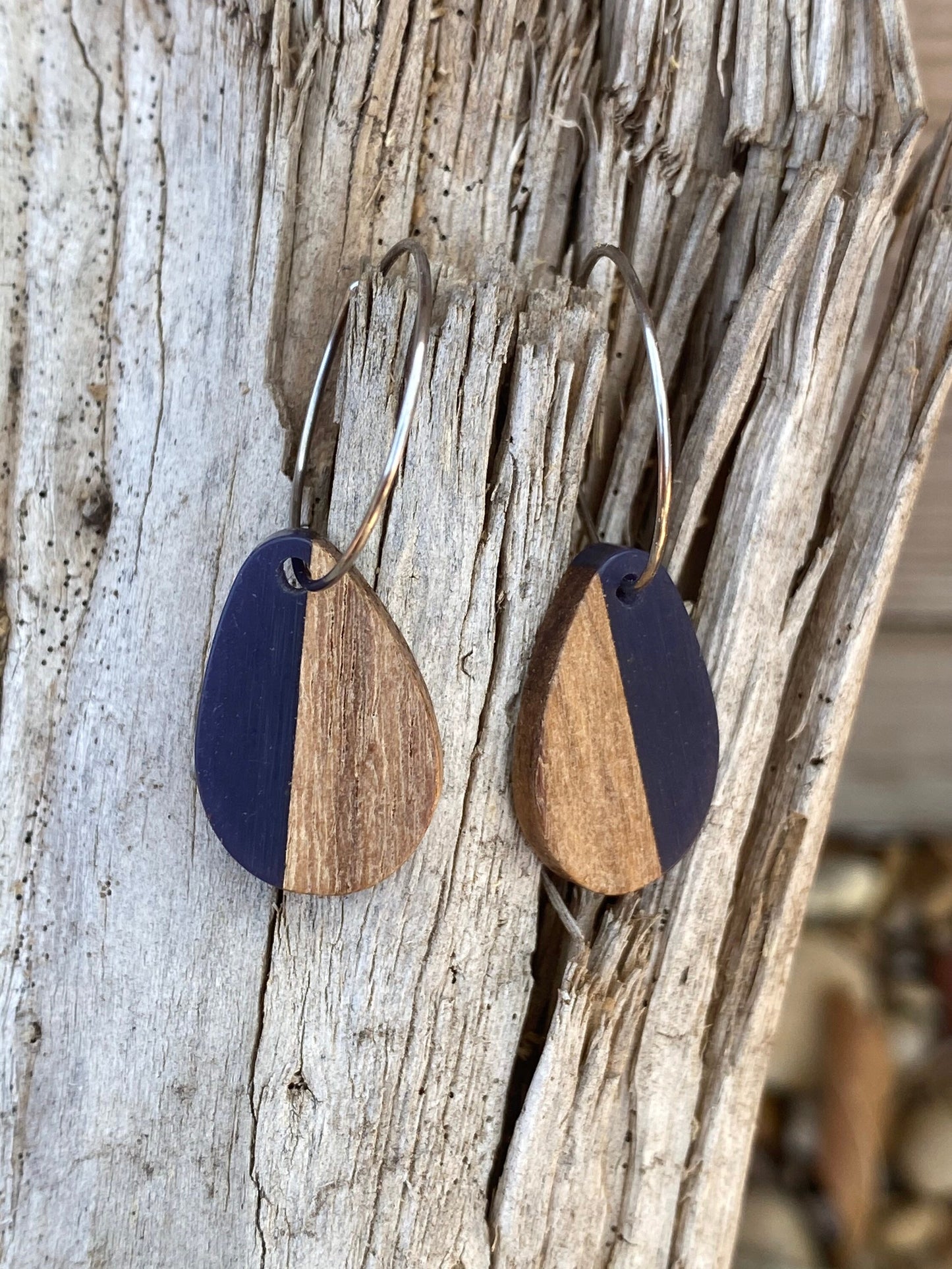 Blue Resin & Wood Teardrop Dangle Stainless Steel Hoop Earrings