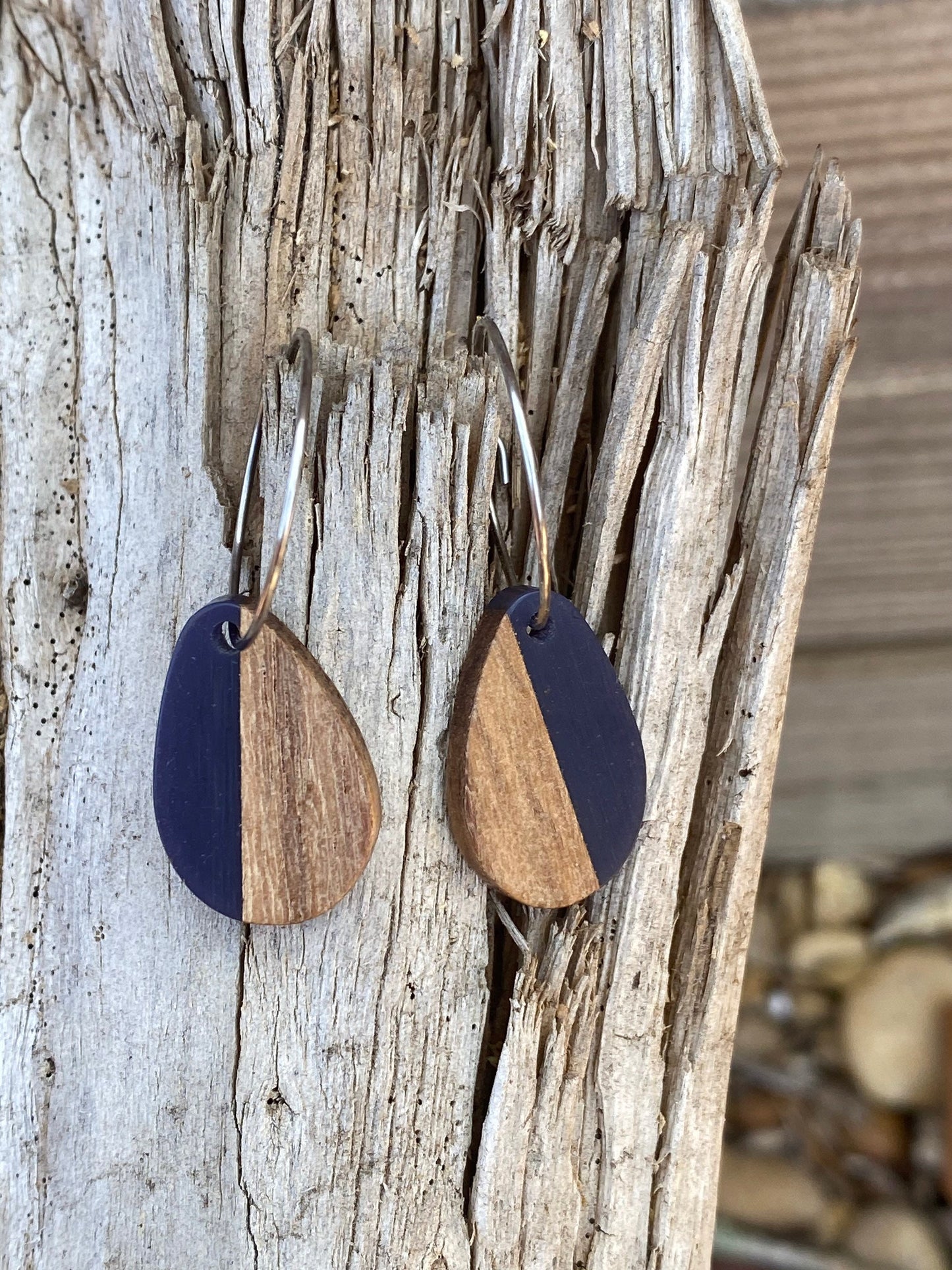 Blue Resin & Wood Teardrop Dangle Stainless Steel Hoop Earrings