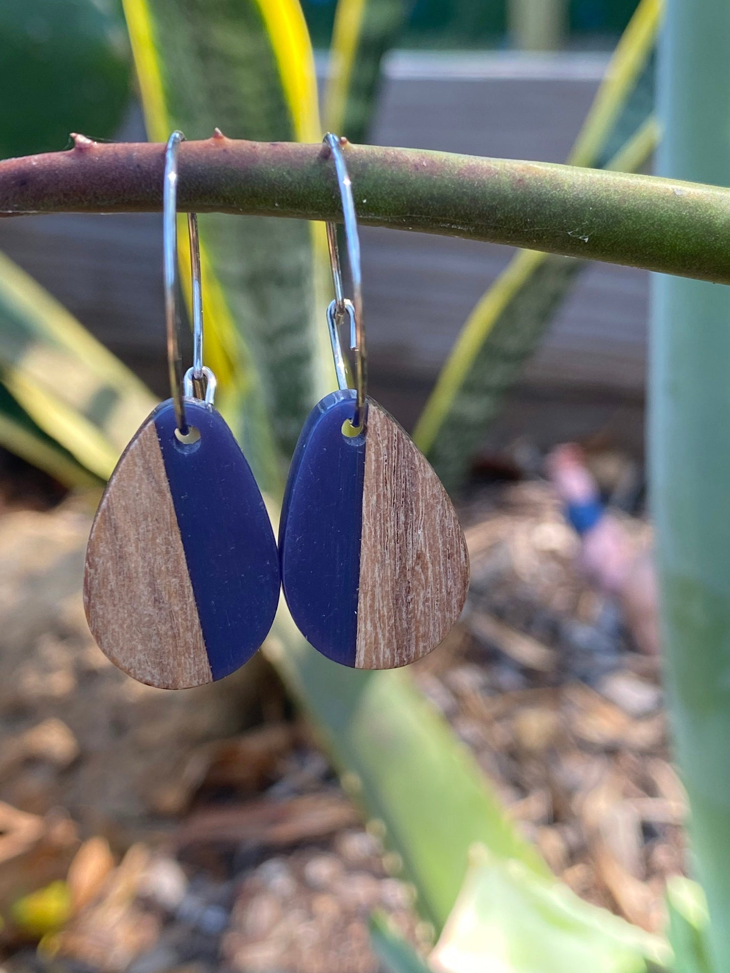 Blue Resin & Wood Teardrop Dangle Stainless Steel Hoop Earrings