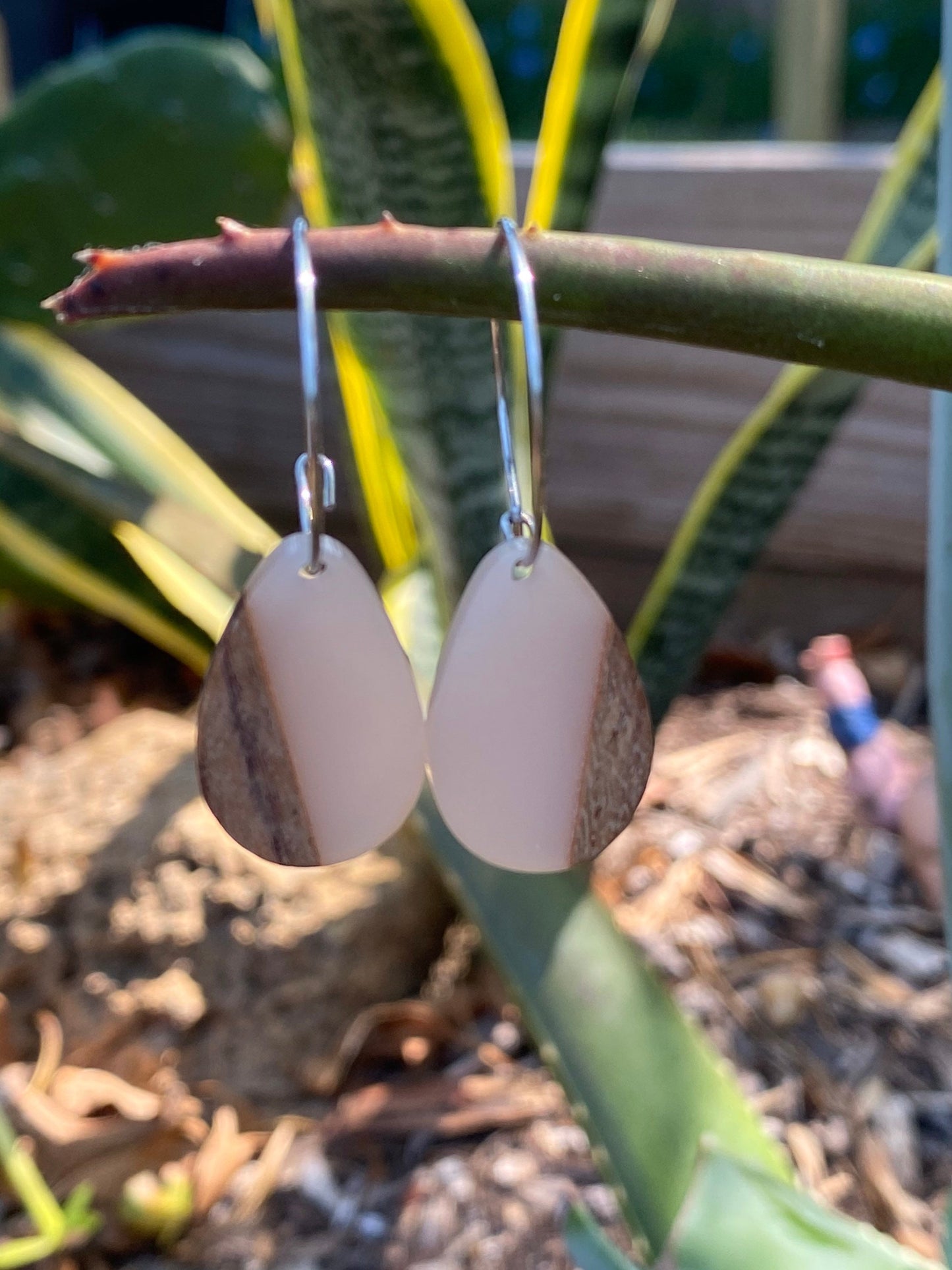 Peach Resin & Wood Teardrop Dangle Stainless Steel Hoop Earrings