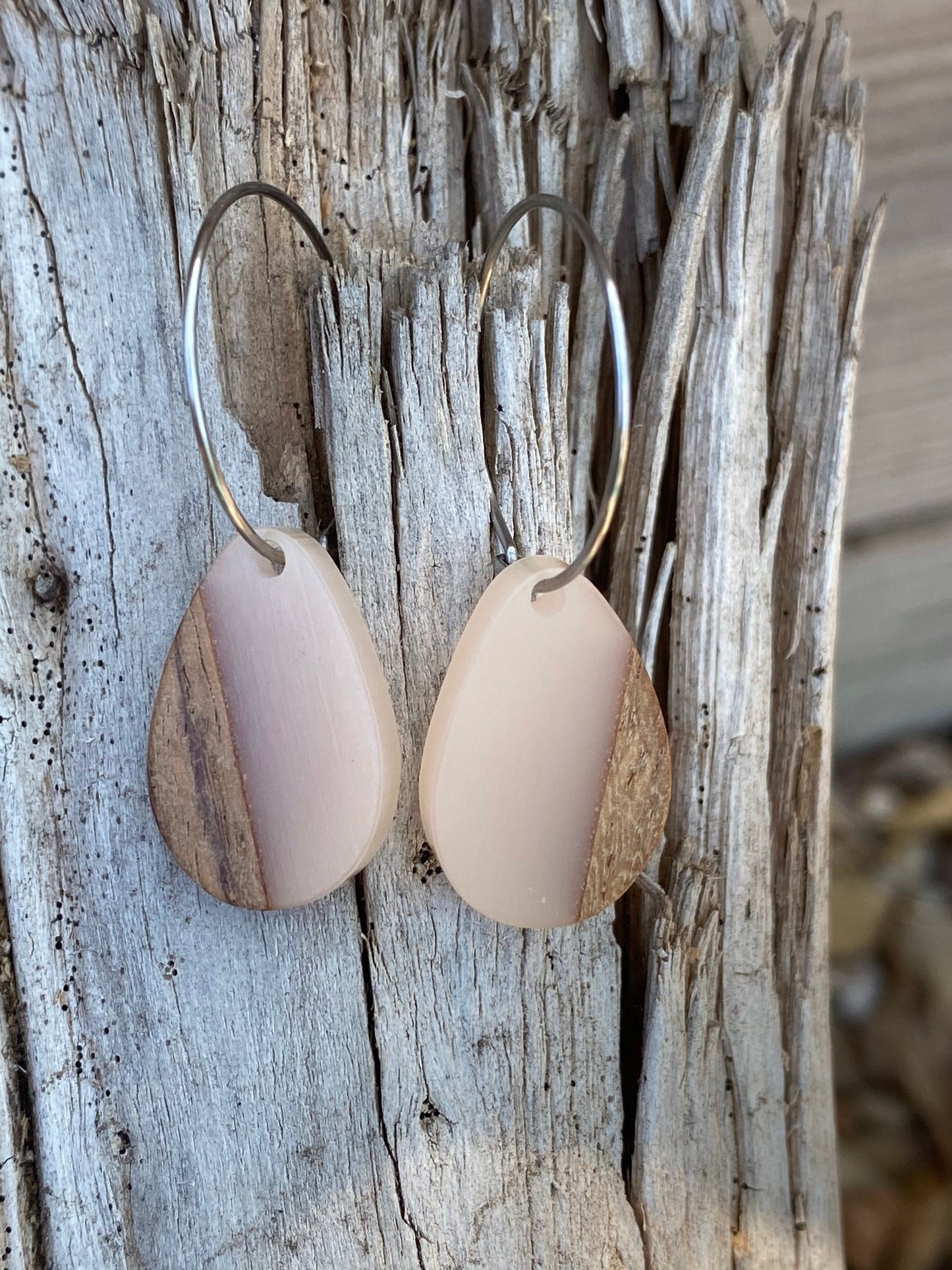 Peach Resin & Wood Teardrop Dangle Stainless Steel Hoop Earrings