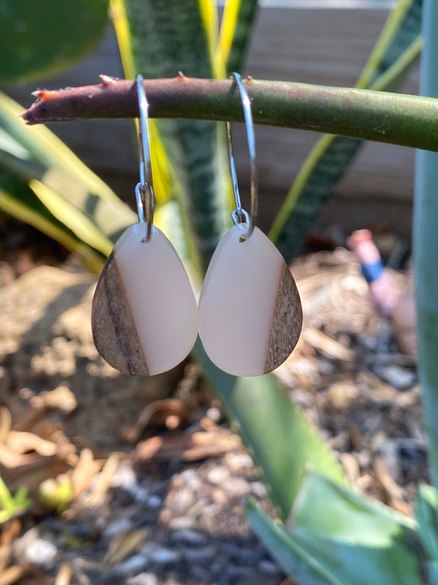 Peach Resin & Wood Teardrop Dangle Stainless Steel Hoop Earrings