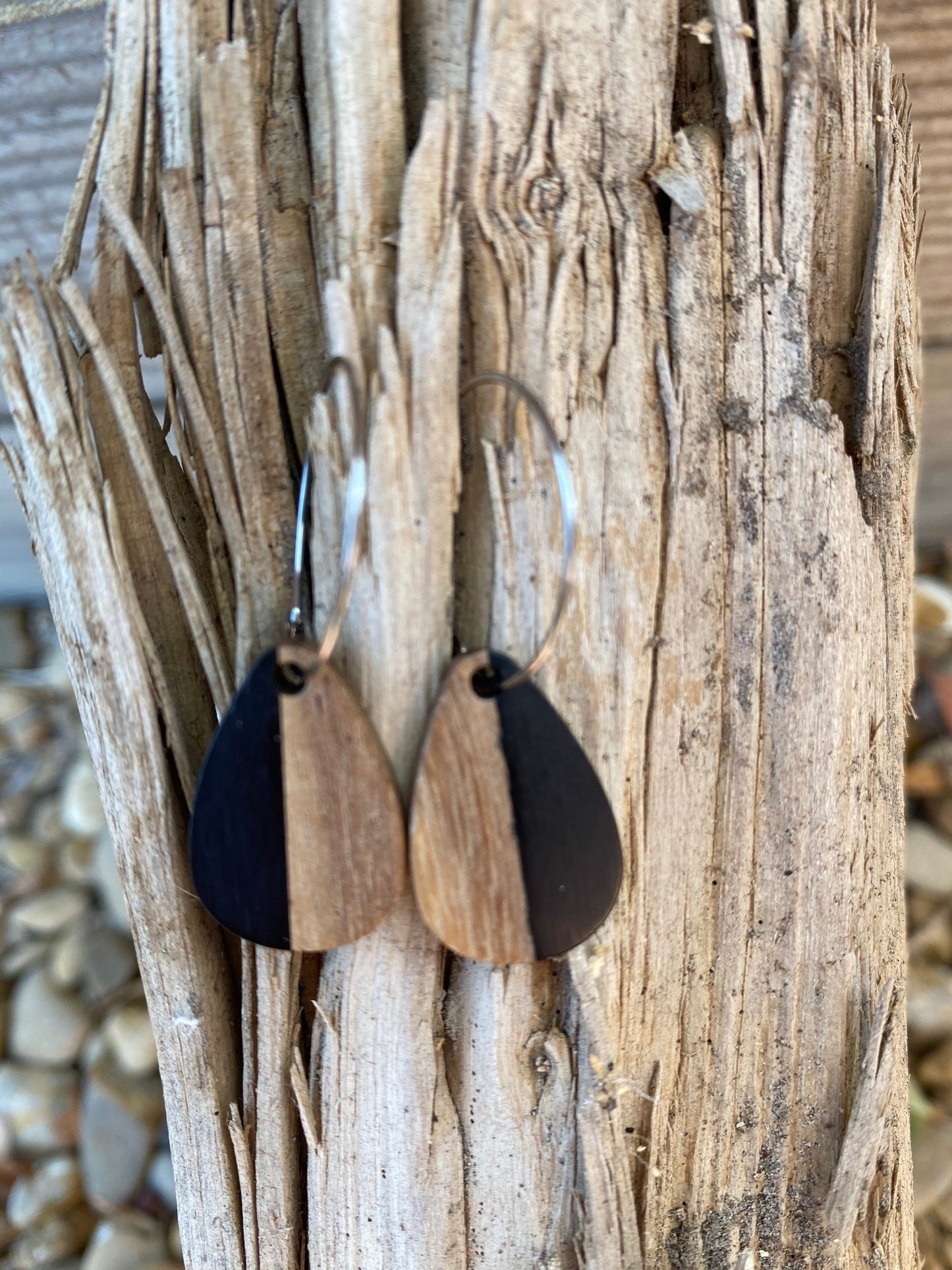 Black Resin &  Wood Teardrop Dangle Stainless Steel Hoop Earrings