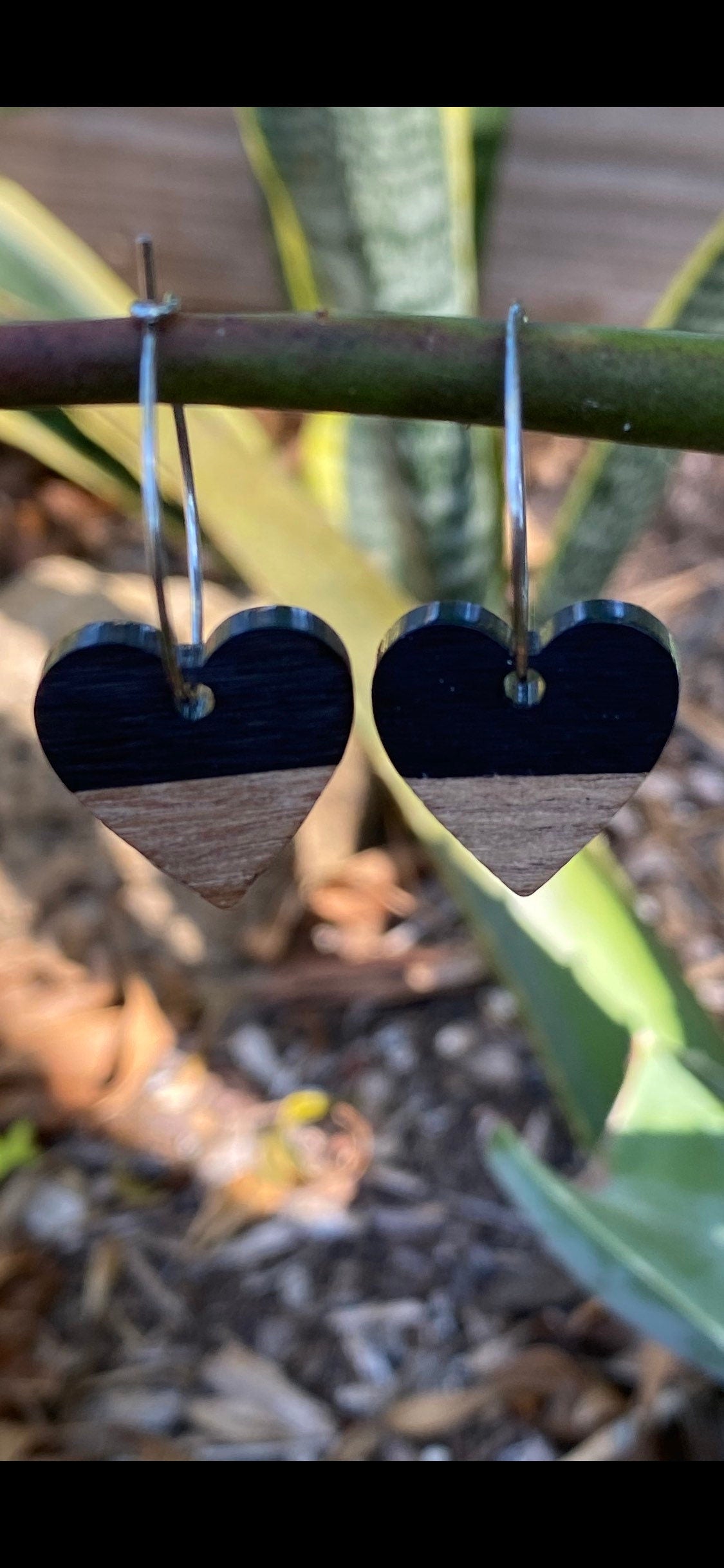 Black Resin &  Wood Heart Dangle Stainless Steel Hoop Earrings