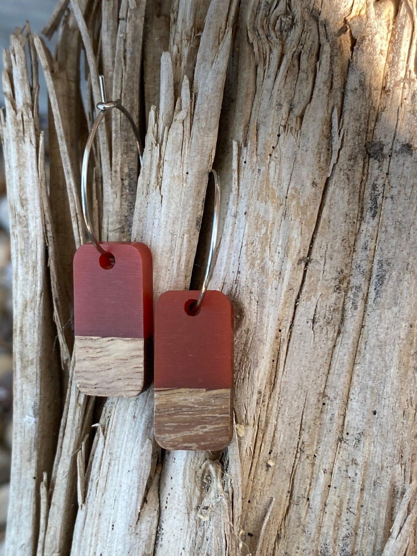 Red Resin & Wood Rectangle Dangle Stainless Steel Hoop Earrings