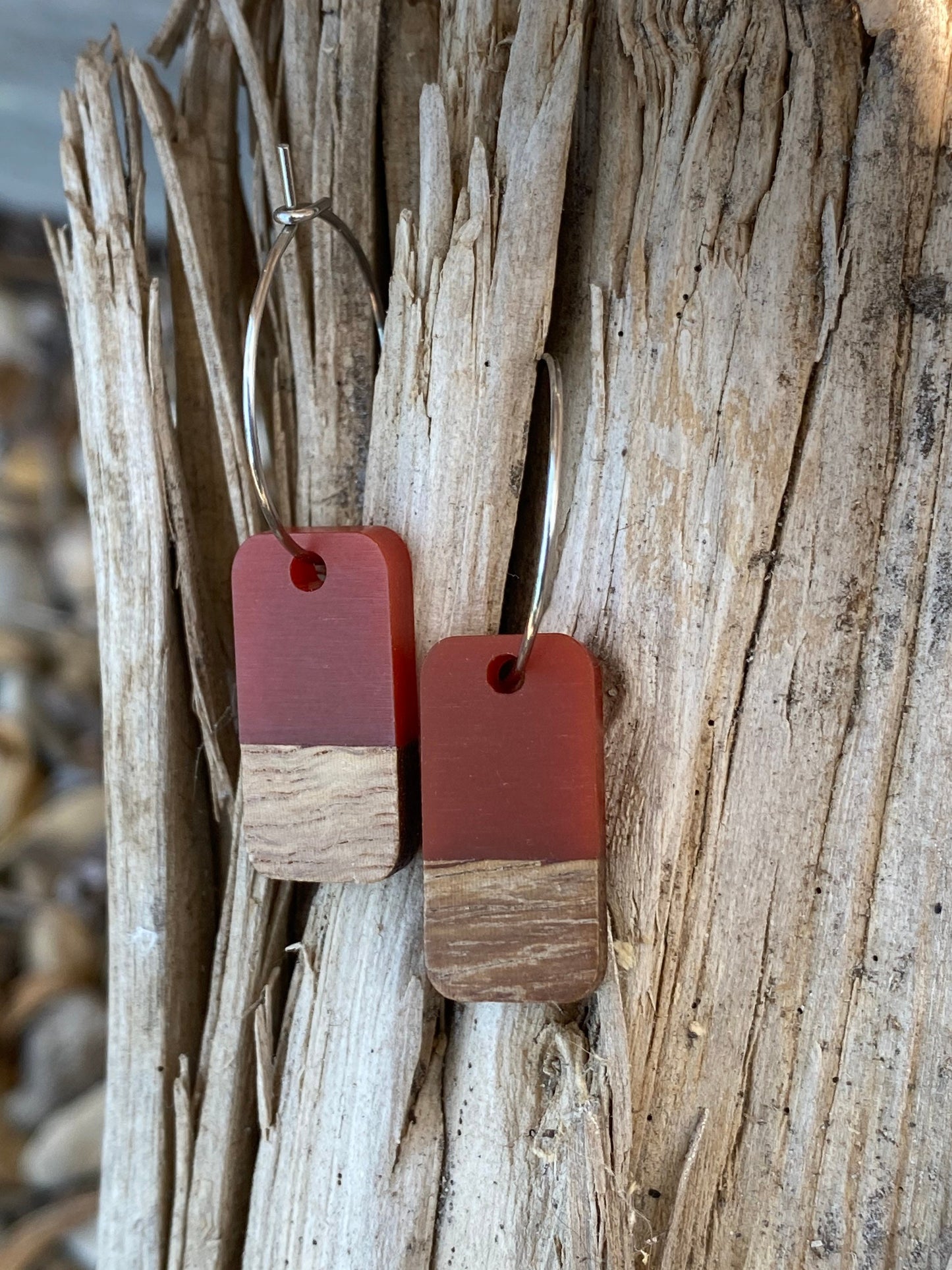 Red Resin & Wood Rectangle Dangle Stainless Steel Hoop Earrings