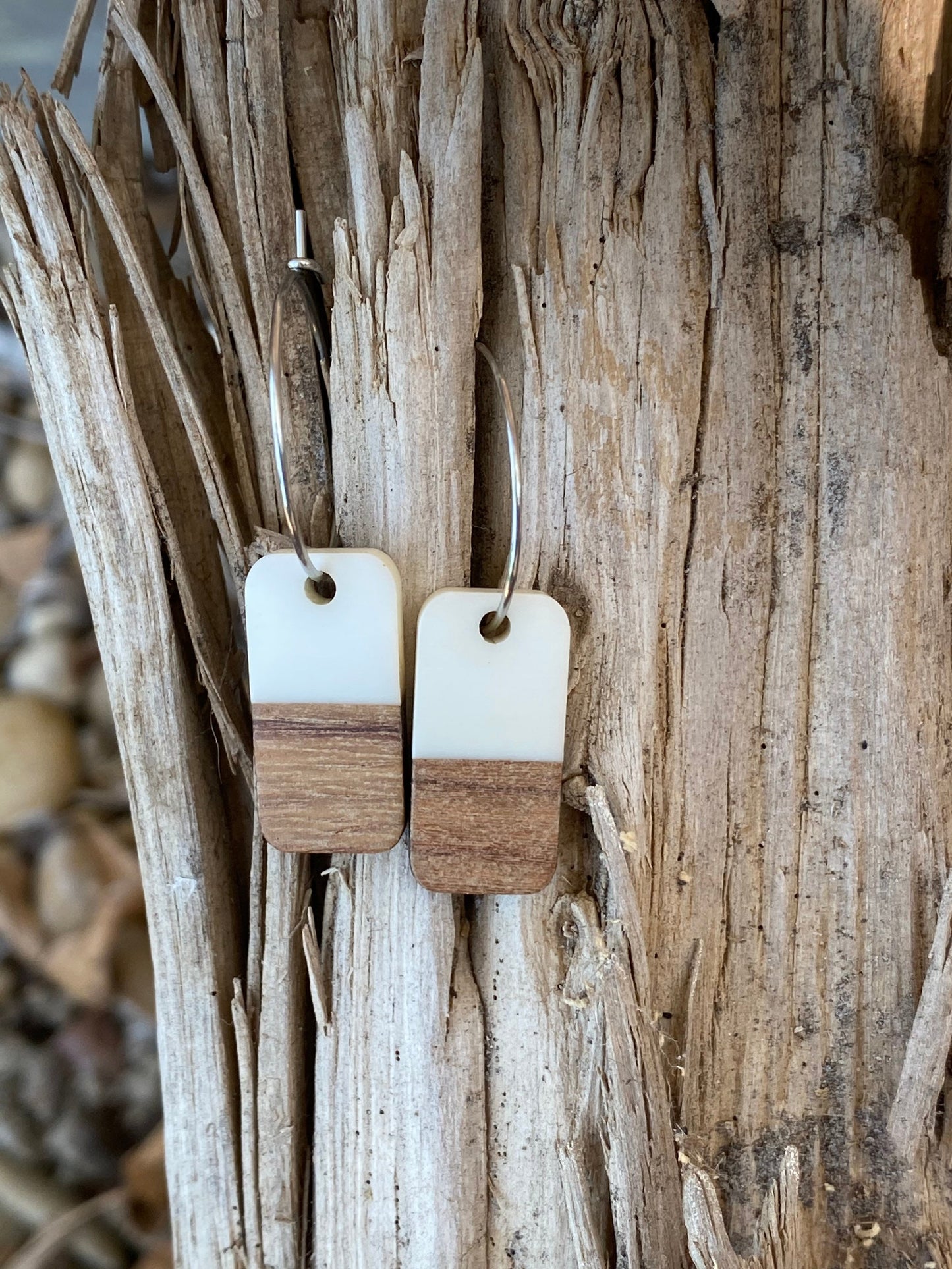 White Resin & Wood Rectangle Dangle Stainless Steel Hoop Earrings