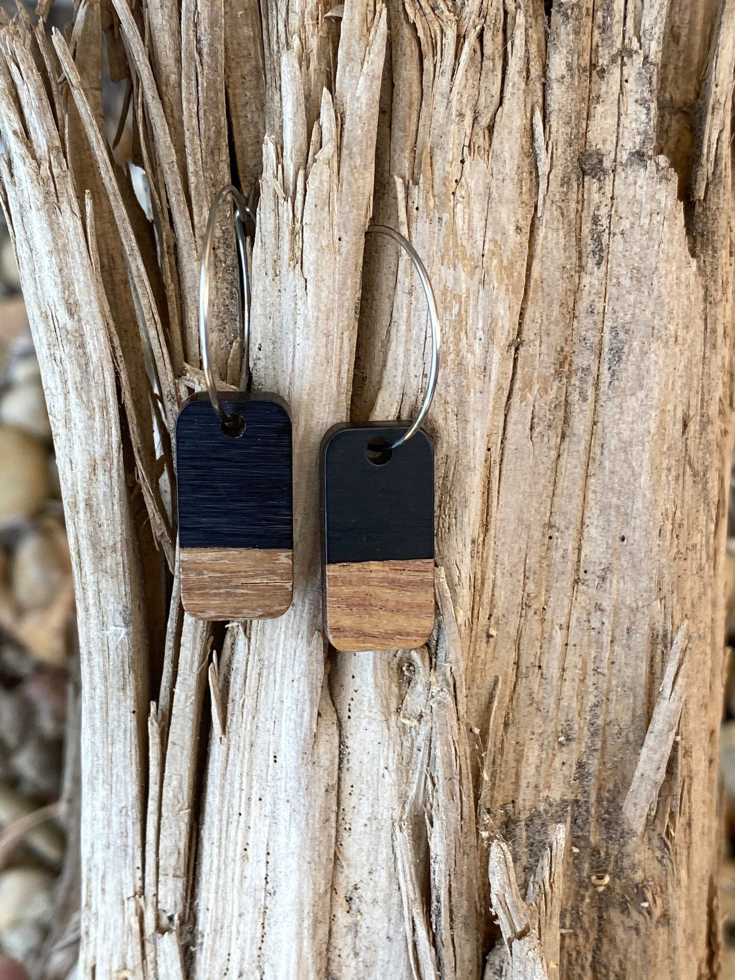 Black Resin & Wood Rectangle Dangle Stainless Steel Hoop Earrings