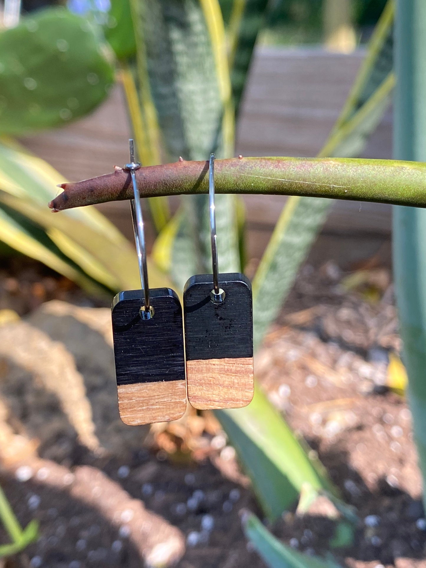 Black Resin & Wood Rectangle Dangle Stainless Steel Hoop Earrings