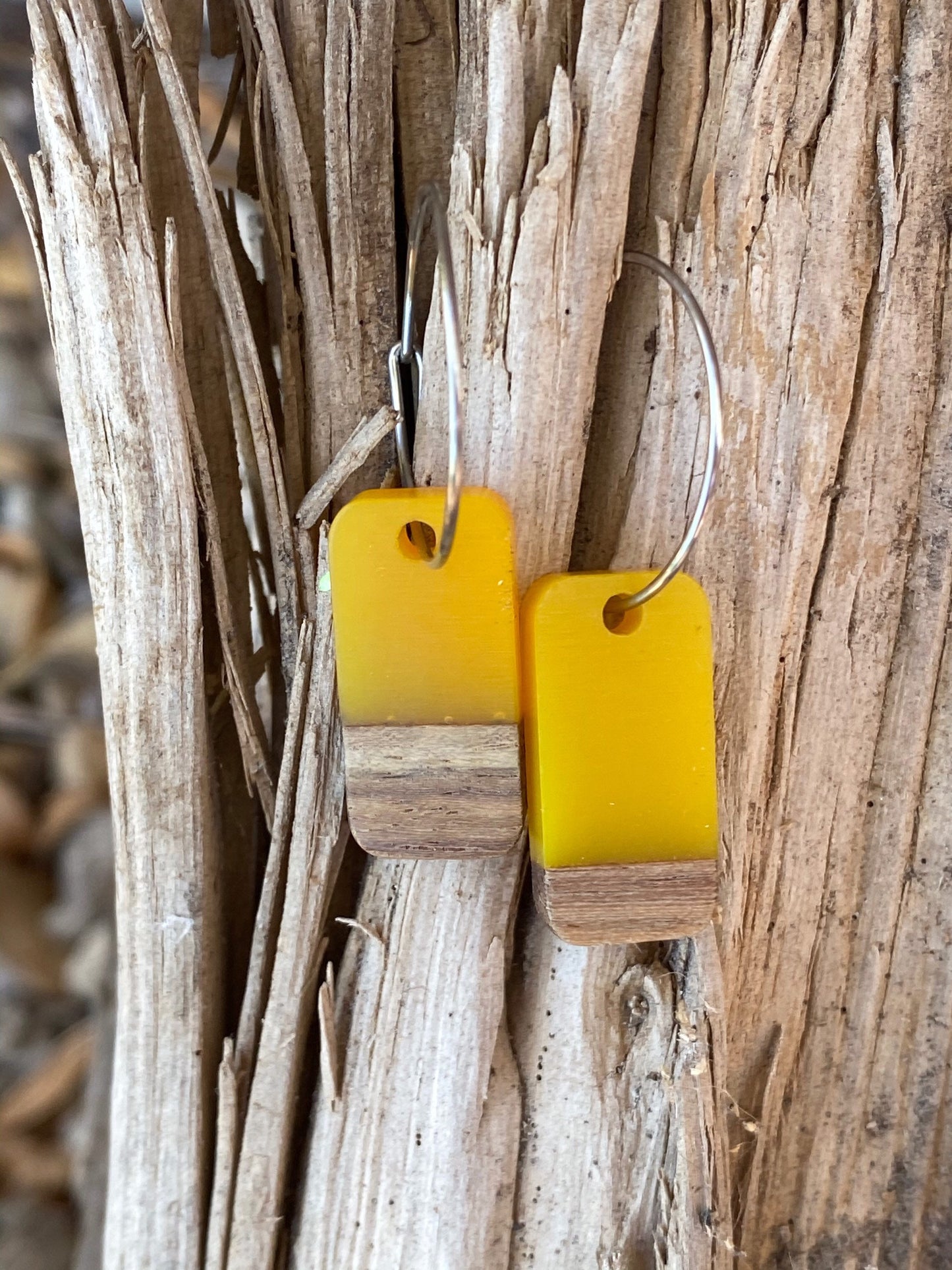 Yellow Resin & Wood Rectangle Dangle Stainless Steel Hoop Earrings