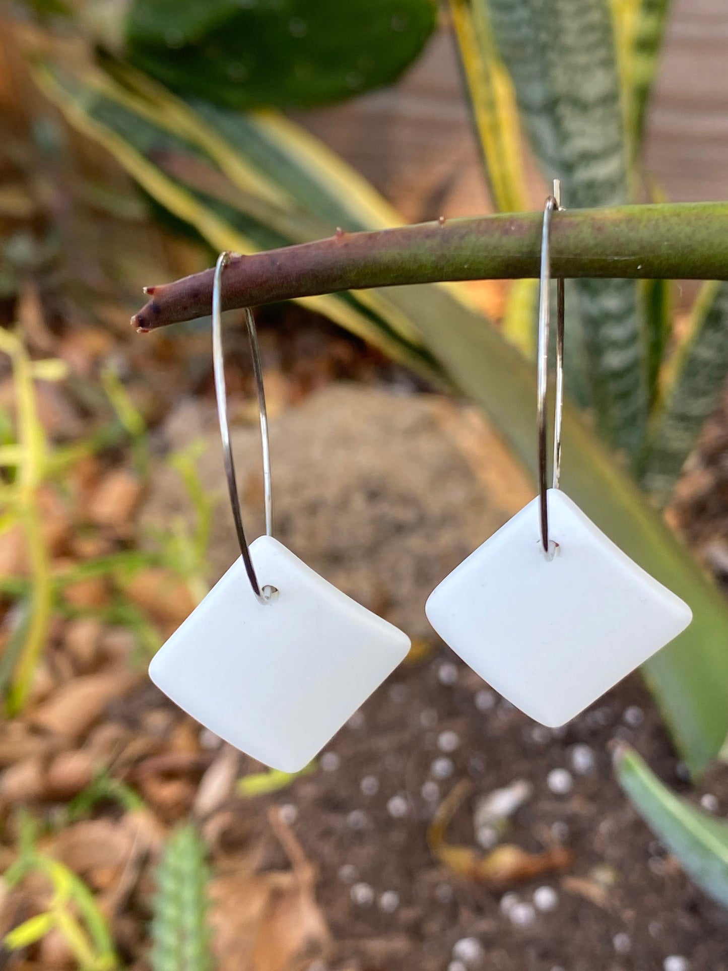 White Recycled Glass Square Dangle Stainless Steel Hoop Earrings