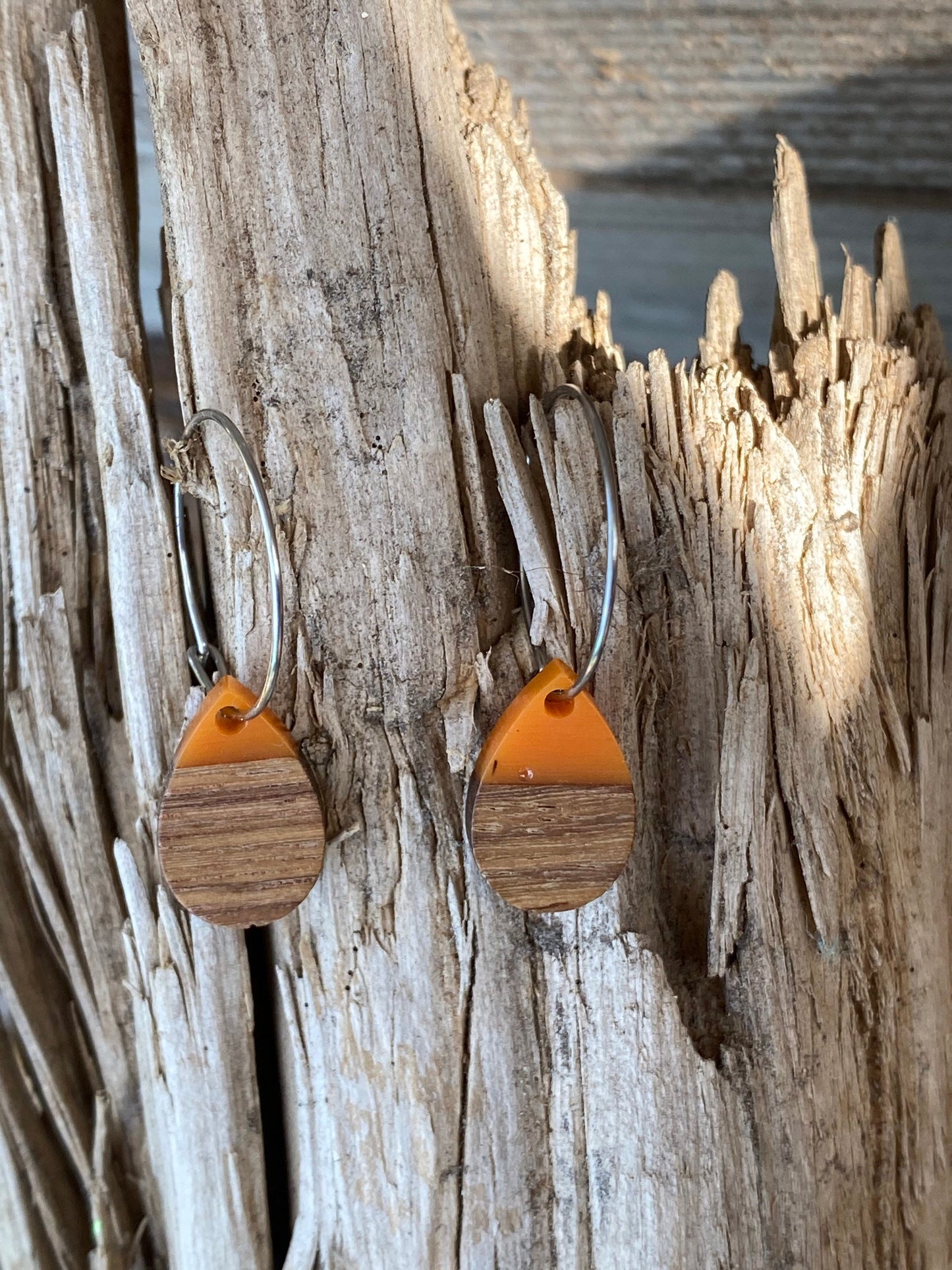 Orange Resin & Wood Tear Drop Dangle Stainless Steel Hoop Earrings