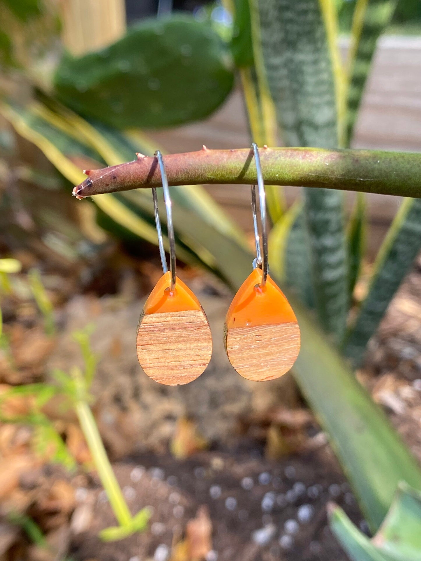 Orange Resin & Wood Tear Drop Dangle Stainless Steel Hoop Earrings