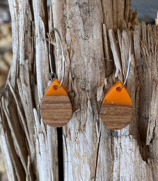 Orange Resin & Wood Tear Drop Dangle Stainless Steel Hoop Earrings