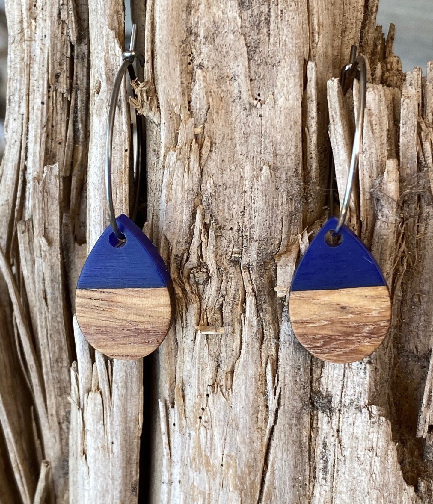 Wood Resin Earrings Boho Earring Blue Earring