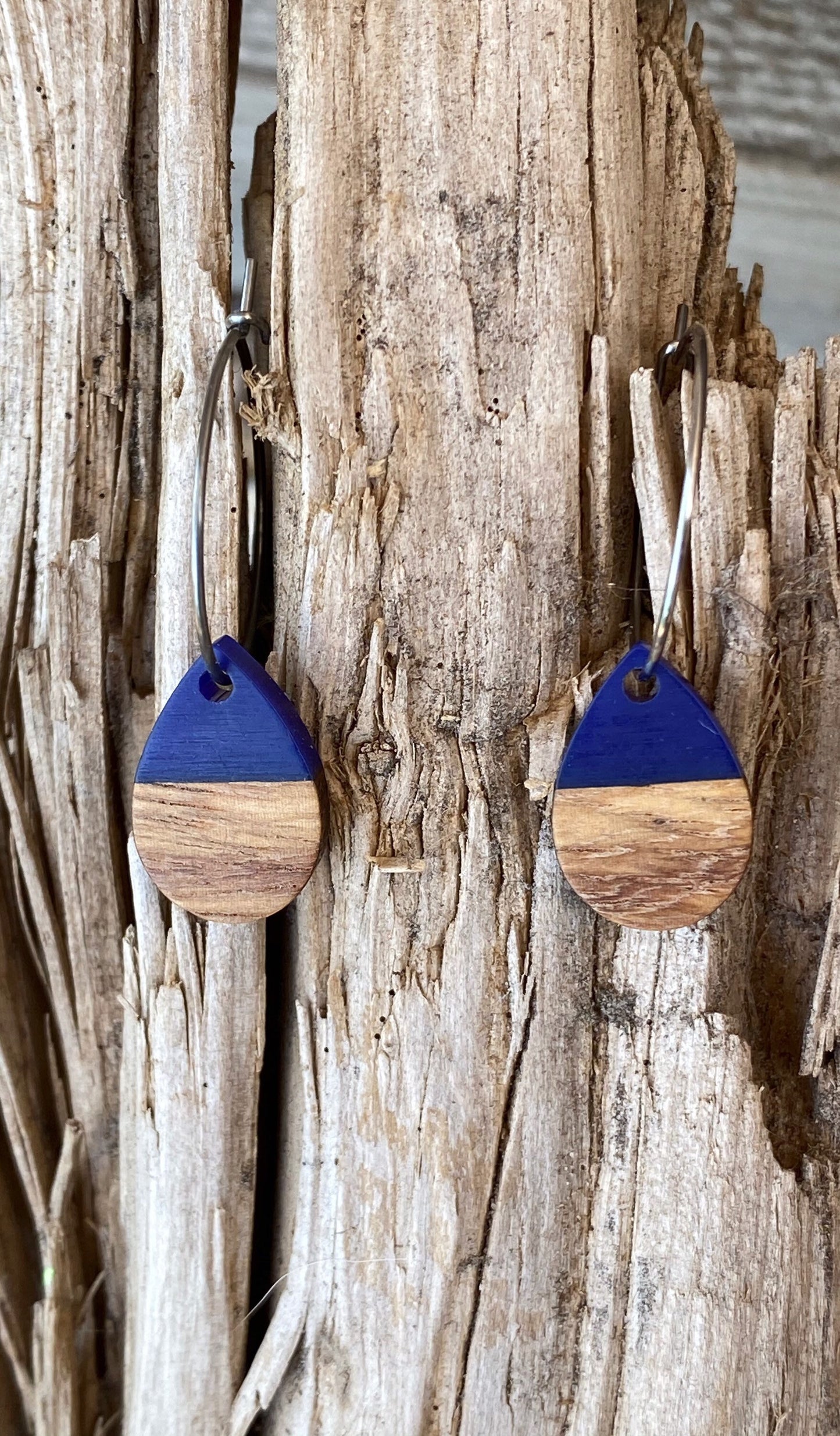 Wood Resin Earrings Boho Earring Blue Earring